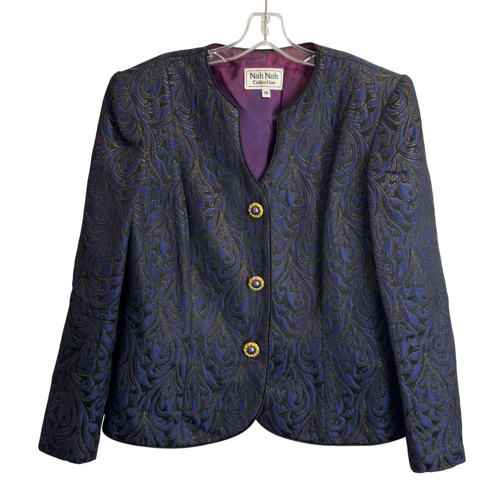 Nah Nah Collection Vintage Navy Gold Metallic Brocade Evening Jacket Blazer 16